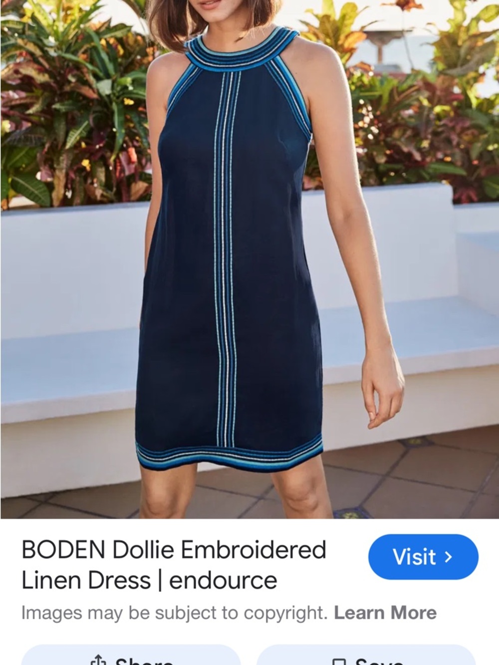 Boden Navy Halter Embroidered Shift Dress with Light Blue Trim